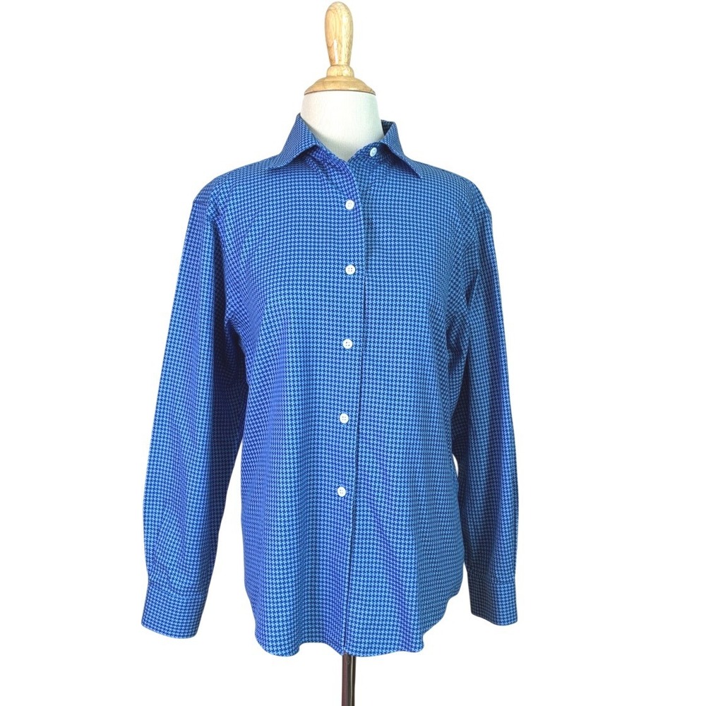 TALBOTS Size 10 Blue Cotton Houndstooth Wrinkle Resistant Button Up Top Office‎